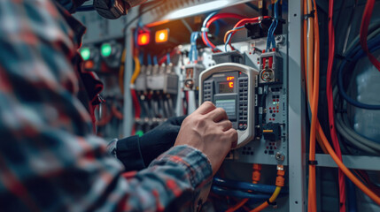 Engineer Monitoring Voltage at Circuit Breaker Terminal with Voltmeter