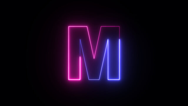 Neon letter M. Two-color trendy glowing neon alphabet letter M. Educational concept with neon letter