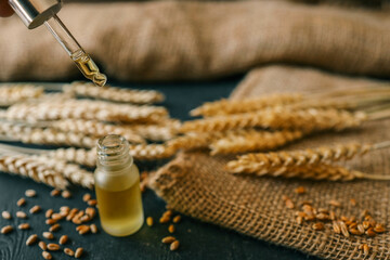 Bottle of body oil with a dropper. A conceptual composition of wheat essential oil on table. Wheat serum oil for skin and hair care. Self-care, spa and wellness