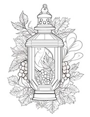 Street Lamp and Autumn Leaves – Zen-Tangle Style Antistress Coloring Book for Children and Adults, Hand-Drawn Illustration