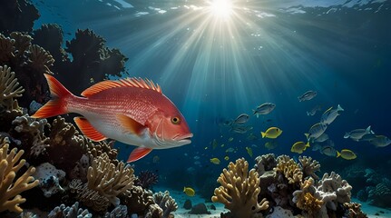 A vibrant red snapper fish swims elegantly in a coral.generative.ai 