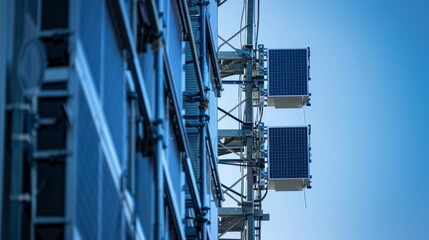 Naklejka premium Rows of small rectangular solar panels attached to the side of a sleek communication tower.