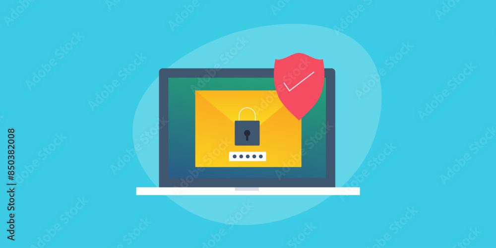 Poster email data protection digital information cyber security password lock shield on laptop screen vecto