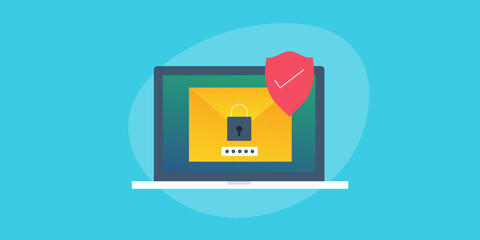 Email data protection digital information cyber security password lock shield on laptop screen vector illustration.