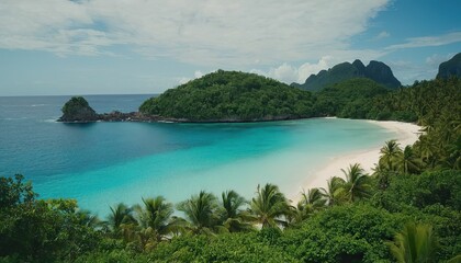 Obraz premium Tropical Island And Coral Reef - Split View With Waterline. Beautiful underwater view of lone small island above and below the water surface in turquoise waters of tropical ocean.