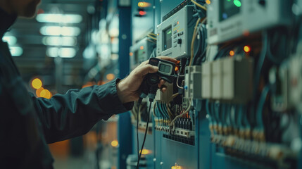 Engineer Monitoring Voltage at Circuit Breaker Terminal with Voltmeter