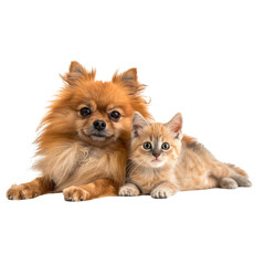 Obraz premium Pomeranian dog and cute kitten sitting together on a white background