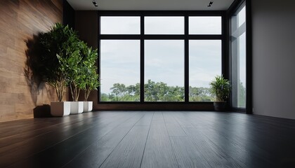 Fototapeta premium View of white empty room and wood laminate floor,frame with green plant , 3D rendering