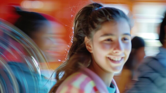 A blurred glimpse of a students focused expression as they spin their wheel.
