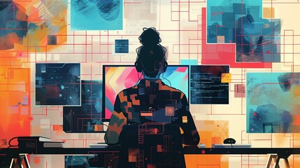 Illustration featuring a girl from the back, immersed in learning to code. Abstract shapes represent data structures, symbolizing the journey of mastering programming.