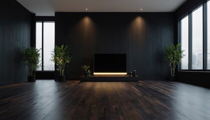 Empty room interior background. Modern interior of empty living room with leather armchair on wood flooring and dark blue wall