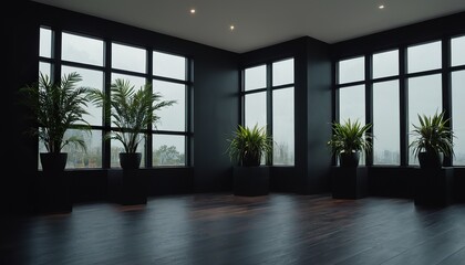 Obraz premium Empty room interior background. Modern interior of empty living room with leather armchair on wood flooring and dark blue wall