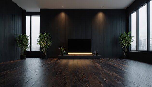 Empty room interior background. Modern interior of empty living room with leather armchair on wood flooring and dark blue wall