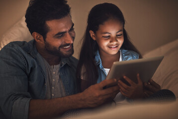 Bedroom, night and papa with girl, tablet and typing with connection, streaming film and love....