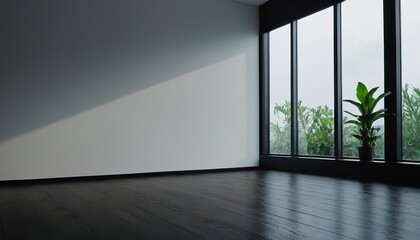 Obraz premium Empty room interior background. Dark background empty room with plants on a floor 