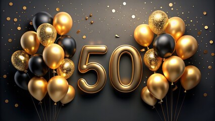 Vibrant golden balloons, elegant numbers, and luxurious decorations on a sleek black background, perfect for celebrating 50 years of love and legacy.