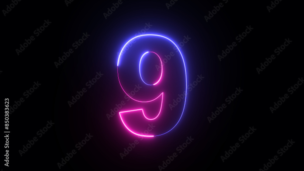 Fototapete neon number 9. two-color trendy glowing neon numeric number nine. educational mathematics concept wi
