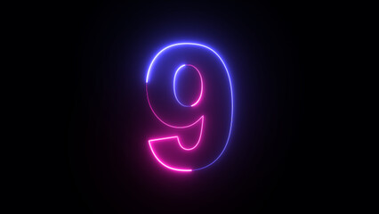 Neon number 9. Two-color trendy glowing neon numeric number nine. Educational mathematics concept with neon letter