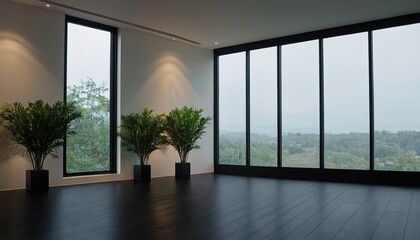 Fototapeta premium Empty room interior background. Dark background empty room with plants on a floor 