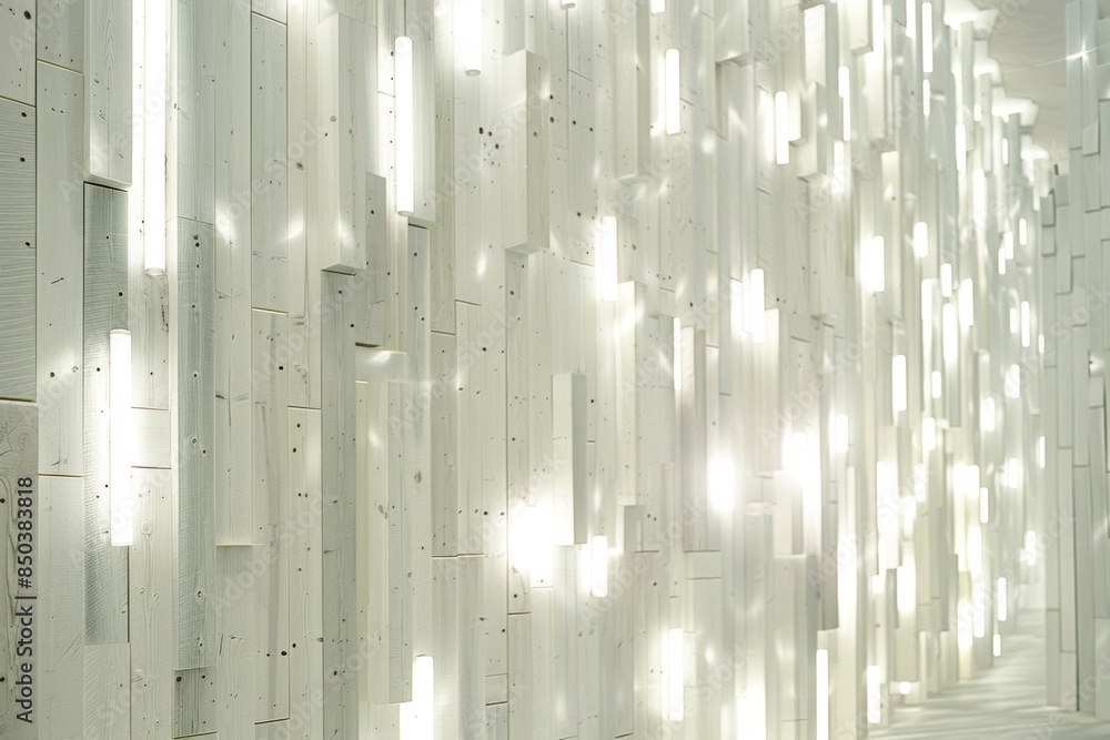 Poster Modern white wall with illuminated patterns, creating a sleek and futuristic design for contemporary interior decoration, Generative AI