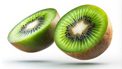 Fototapeta premium Vibrant green kiwi fruit cut in half flying against a pure white background with soft focus and subtle shadowing effects.