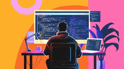 Abstract illustration of a person sitting in front of a computer, representing a computer science course and the concept of learning to code.