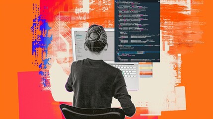 Abstract illustration of a person sitting in front of a computer, representing the concept of learning to code through an online programming course.