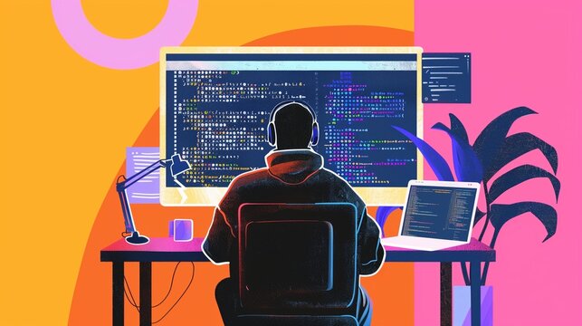 Abstract illustration of a person sitting in front of a computer, representing a computer science course and the concept of learning to code.