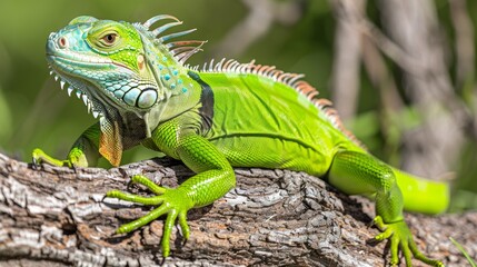 Fototapeta premium Vibrant green iguana basking on a textured tree branch