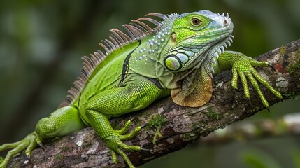 Obraz premium Vivid green iguana resting on a tropical branch