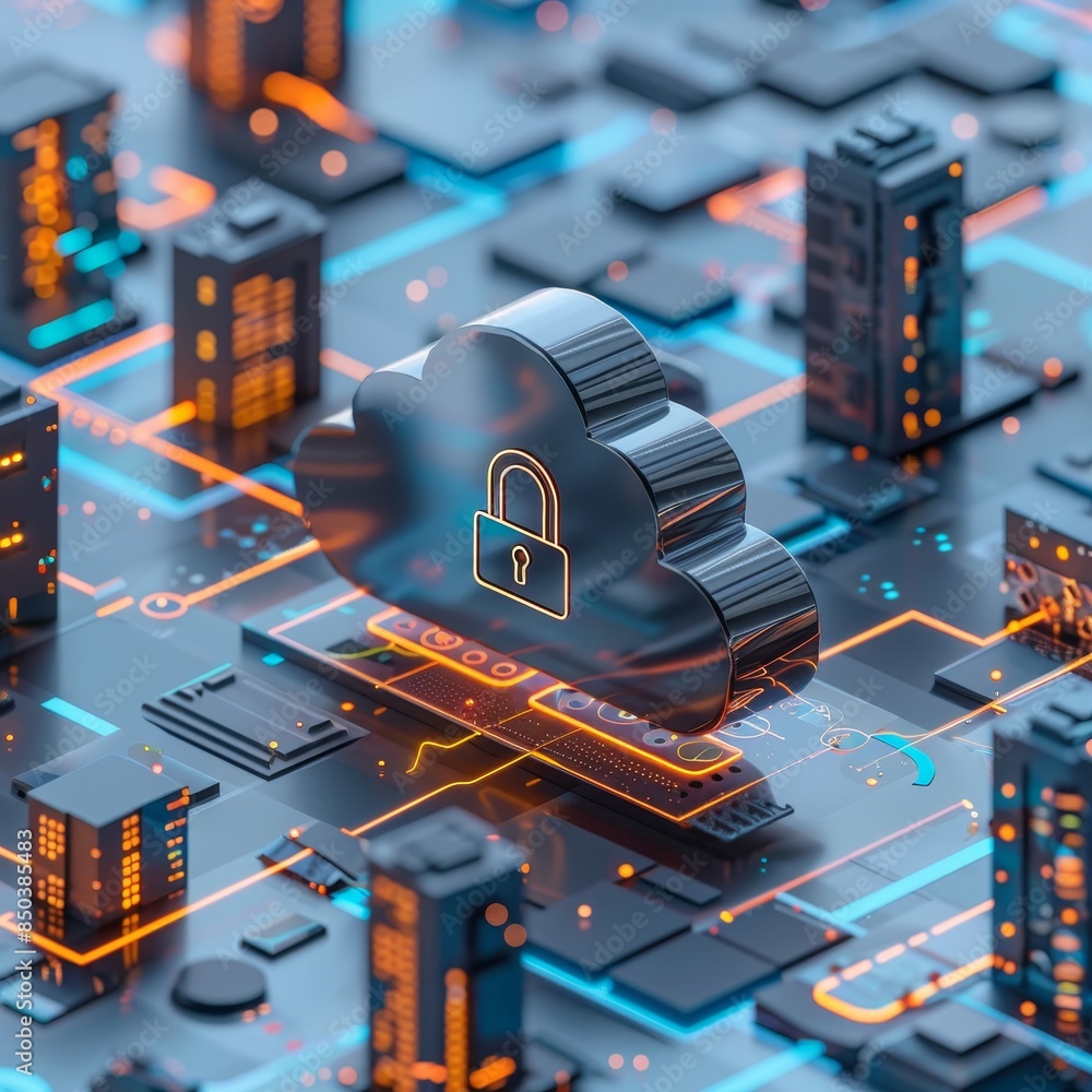 Poster futuristic cityscape with minimalist cloud and metallic lock icon symbolizing data security