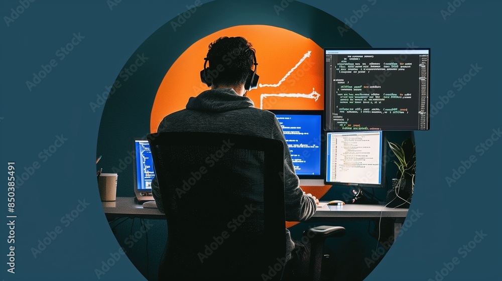 Poster abstract illustration of a person sitting in front of a computer, representing the concept of learni