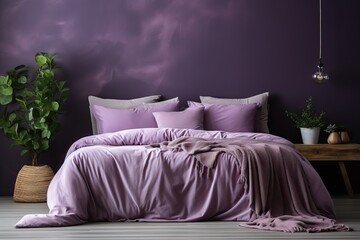 violet bedroom, purple walls and purple bedding, front view of a sleeping bed in the room.