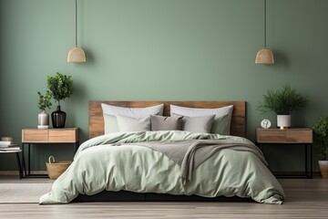 A bedroom with olive-colored walls.