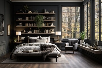 A bedroom in dark gray color with a large stained glass window with a forest landscape.