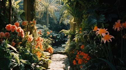 Obraz premium The garden is surrounded by cool tropical plants