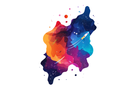 Abstract interstellar travel concept with sleek spaceship traveling through colorful space nebulae on a minimalist white background,