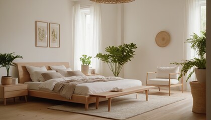 sleeping room, bed with parquet floor. Minimalist design of bedroom with coffee table, windows with city view, 3D rendering no people