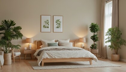 sleeping room, bed with parquet floor. Minimalist design of bedroom with coffee table, windows with city view, 3D rendering no people