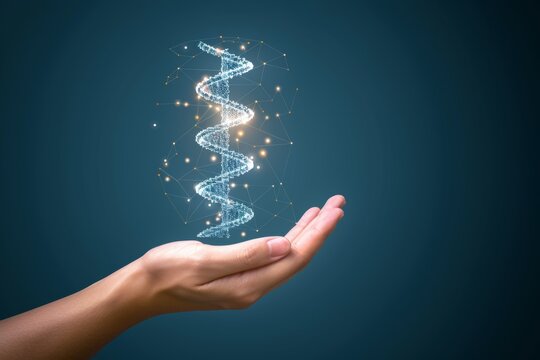 Glowing digital dna helix in human hand over dark background