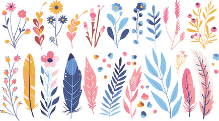 Set of isolated floral illustration with flowers, branches, berries, feathers, leaves and cute elements in simple plain graphic style on transparent background. Pastel colorful color tone.