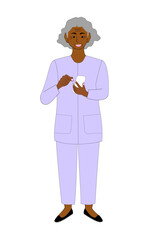 A black senior woman with a cellphone, white background.