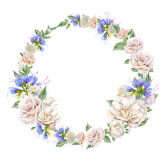 Obraz premium Watercolor realistic hand-drawn wreath with white roses and meadow flowers on a transparent background. PNG. Vintage. Retro style