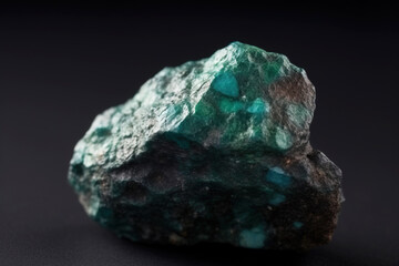 Tyrolite fossil mineral stone. Geological crystalline fossil. Dark background close-up.