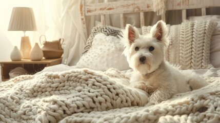 Cozy white dog relaxing on a knitted blanket at home