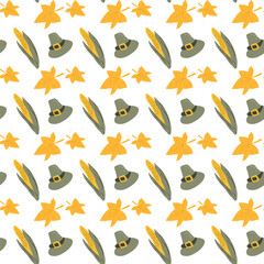 Fall thanksgiving pattern with autumn leaves and plants, animals. Cute fabric design. Thanksgiving day seamless background in traditional colors for clothes, textile, wrapping papers. Cute elements.