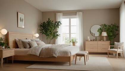 Modern minimalist bedroom 3D illustration. Interior of the bedroom in a minimalist style with wooden furniture