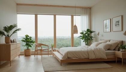 Obraz premium Modern minimalist bedroom 3D illustration. Interior of the bedroom in a minimalist style with wooden furniture