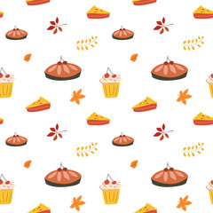 Fall thanksgiving pattern with autumn leaves and plants, animals. Cute fabric design. Thanksgiving day seamless background in traditional colors for clothes, textile, wrapping papers. Cute elements.