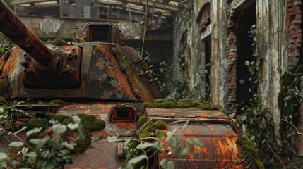 rusty tank covered with plants in the abandoned factory